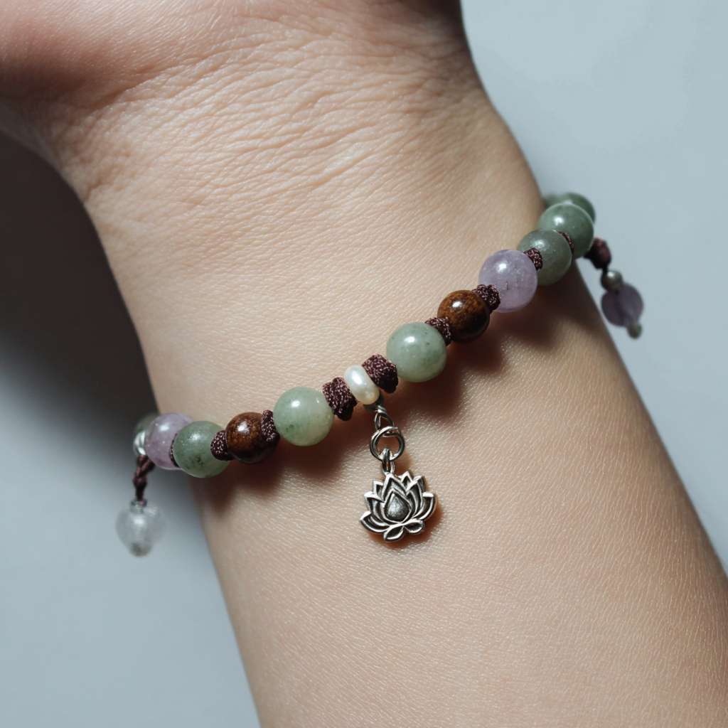 16cm hand chain, 6mm round beads (jadeite: deep spinach green, no flaws, waxy luster; agarwood: warm brown, clear oil lines; amethyst: light lavender purple, semi-transparent), 3mm off-white pearl spacers (6 pieces), 925 silver plated ancient gold small ring (8mm diameter) + mini lotus pendant (6mm length), dark brown 0.8mm elastic cord, symmetrical beading order, close-fitting to 16cm wrist, natural light, soft focus, high detail, realistic texture, minimalist elegant style, neutral background (light gray), macro shot of bracelet on a pale skin wrist --ar 1:1 --v 7 --stylize 100 --fast