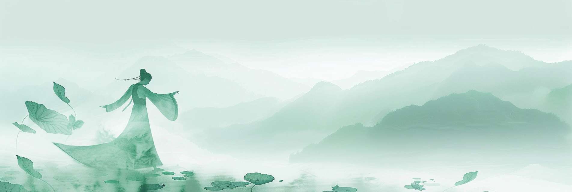 Chinese ink painting style, minimalist zen background, soft misty mountains in distance, abstract tai chi practitioner silhouette in translucent ink wash, floating tea leaves and lotus petals, monochromatic palette with faint celadon green gradient, abundant negative space, serene and meditative atmosphere, ultra HD 8K --ar 3:1 --v 6.0 --stylize 100 --fast