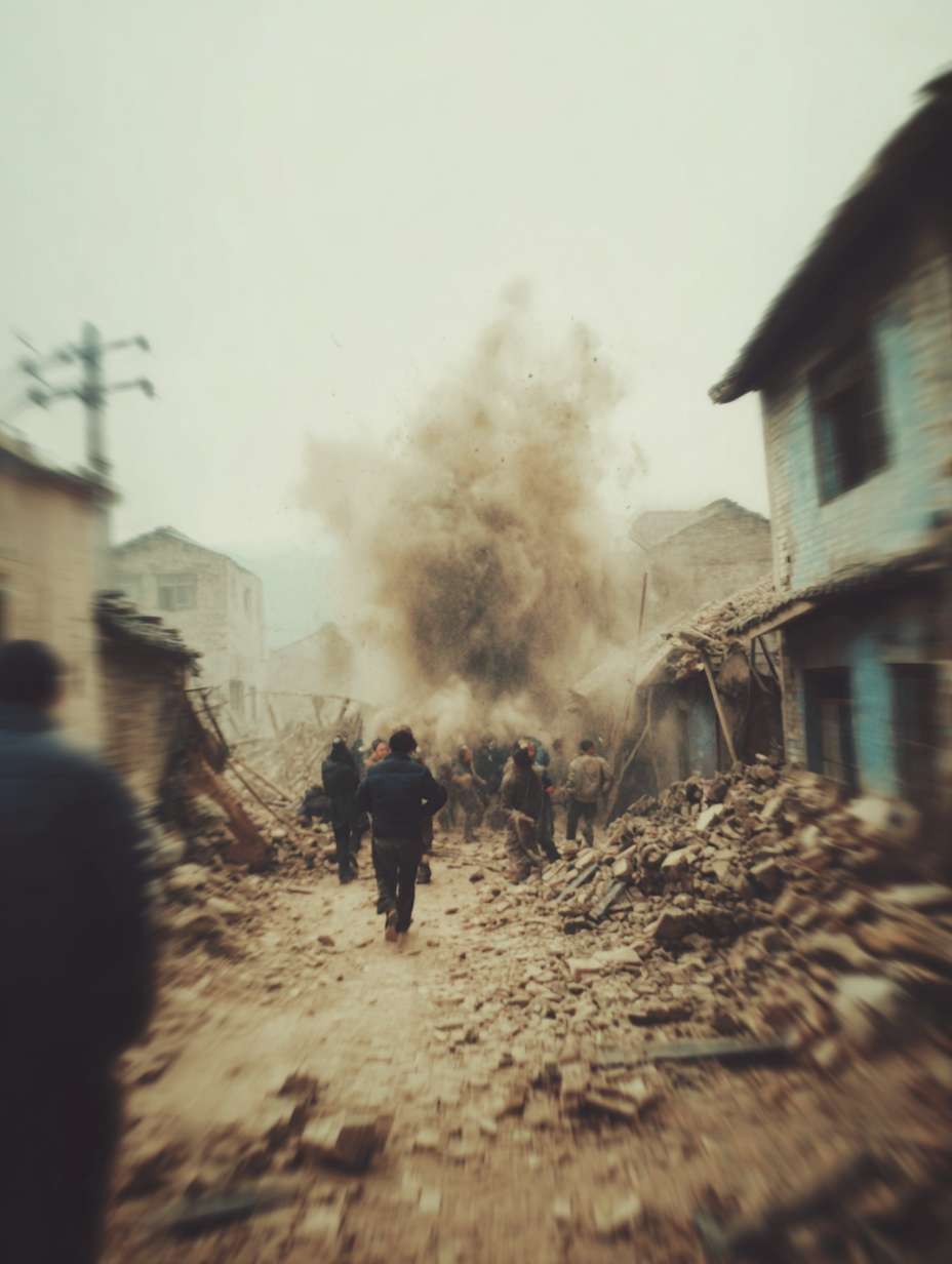 宋代地震灾难场景，房屋倒塌，尘土飞扬，居民惊慌逃跑，中国传统建筑结构损坏特写，灾难性氛围，灰黄色调，动态模糊效果 --ar 3:4 --v 7 --stylize 100 --fast --no 水印