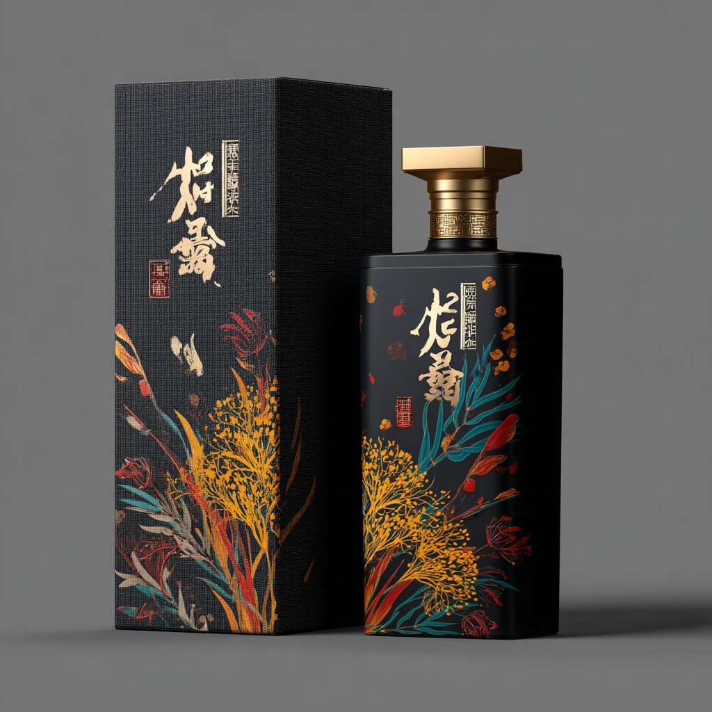 请绘制一个有磨砂质感的铁罐长方形，罐身为黑金色搭配，部分设计为洒黄精植物绘画图案，精美，色彩明亮，渲染为彩绘植物，颜色灵感来源自太阳光下的植物，包装名称酒黄精字体变形，适合整体包装设计，整体呈现质感而高档的色彩搭配。同时设计一个与罐子风格相匹配的高档质感的包装盒子，盒子大小适合放置此罐子，颜色与罐身相呼应，但适当加强质感及对比。以营造出去交感和空间感。请确保整个设计的渲染质量高，细节清晰，颜色饱满，以展示产品的高端质感。 --ar 1:1 --v 7 --stylize 100 --fast --no 水印