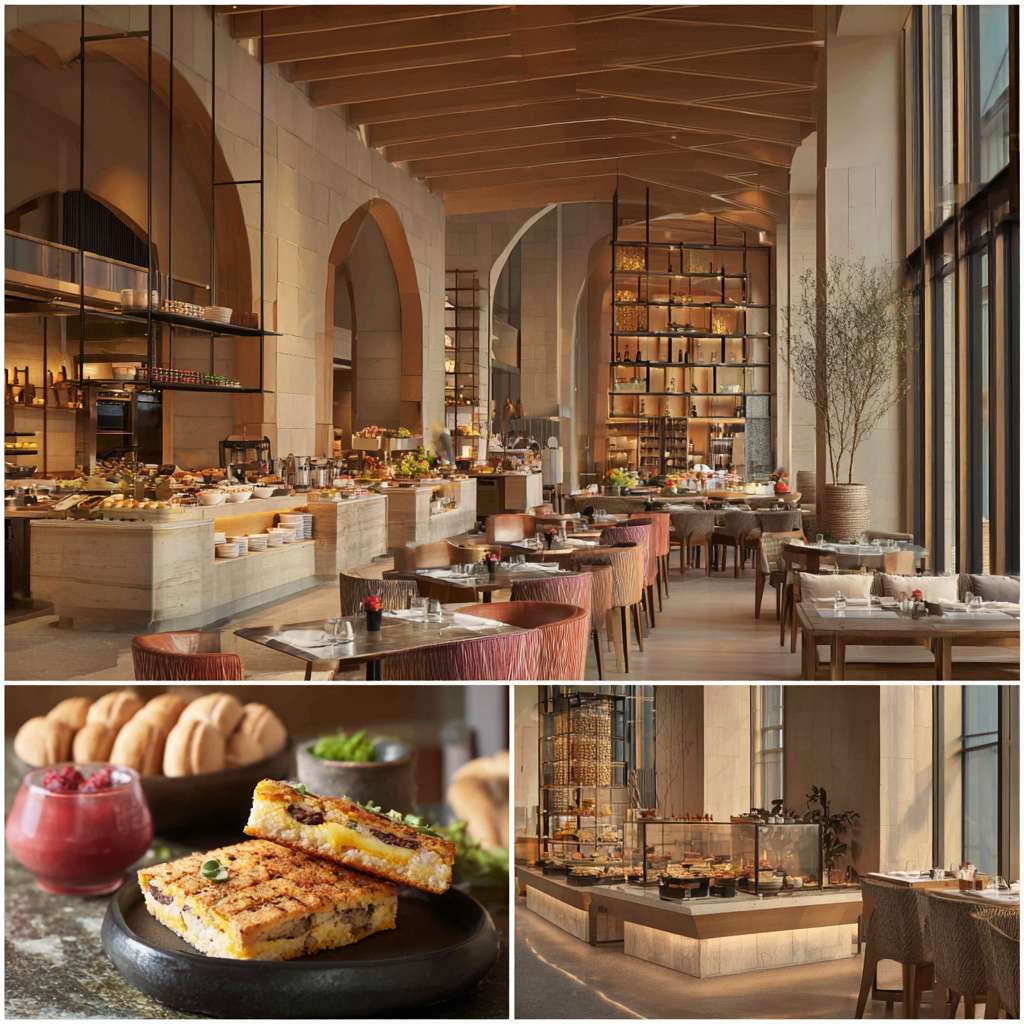 亚朵S酒店餐厅真实早餐宣传图片高清 --ar 1:1 --v 7 --stylize 100 --fast --no 水印