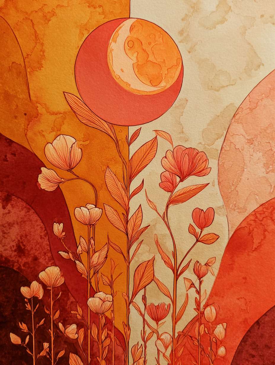 插图或插画形式，使用温暖的色调展示女性的生理周期、月经调节的概念。比如通过艺术化的月亮、植物、女性图像等元素，展现月经周期与自然节律的结合，突出健康管理的自然与和谐。 --ar 3:4 --v 7 --stylize 100 --fast --no 水印