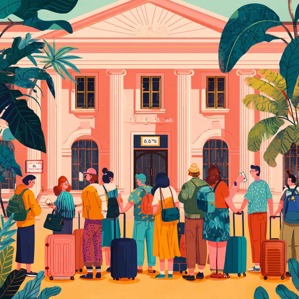 Crowd queueing at Hong Kong bank, cartoon style, vibrant colors, suitcase tourists, phone showing 6% interest rate, flat design
（人群在香港银行排队+行李箱+手机显示6%利率） --ar 1:1 --v 7 --stylize 100 --fast --no 水印