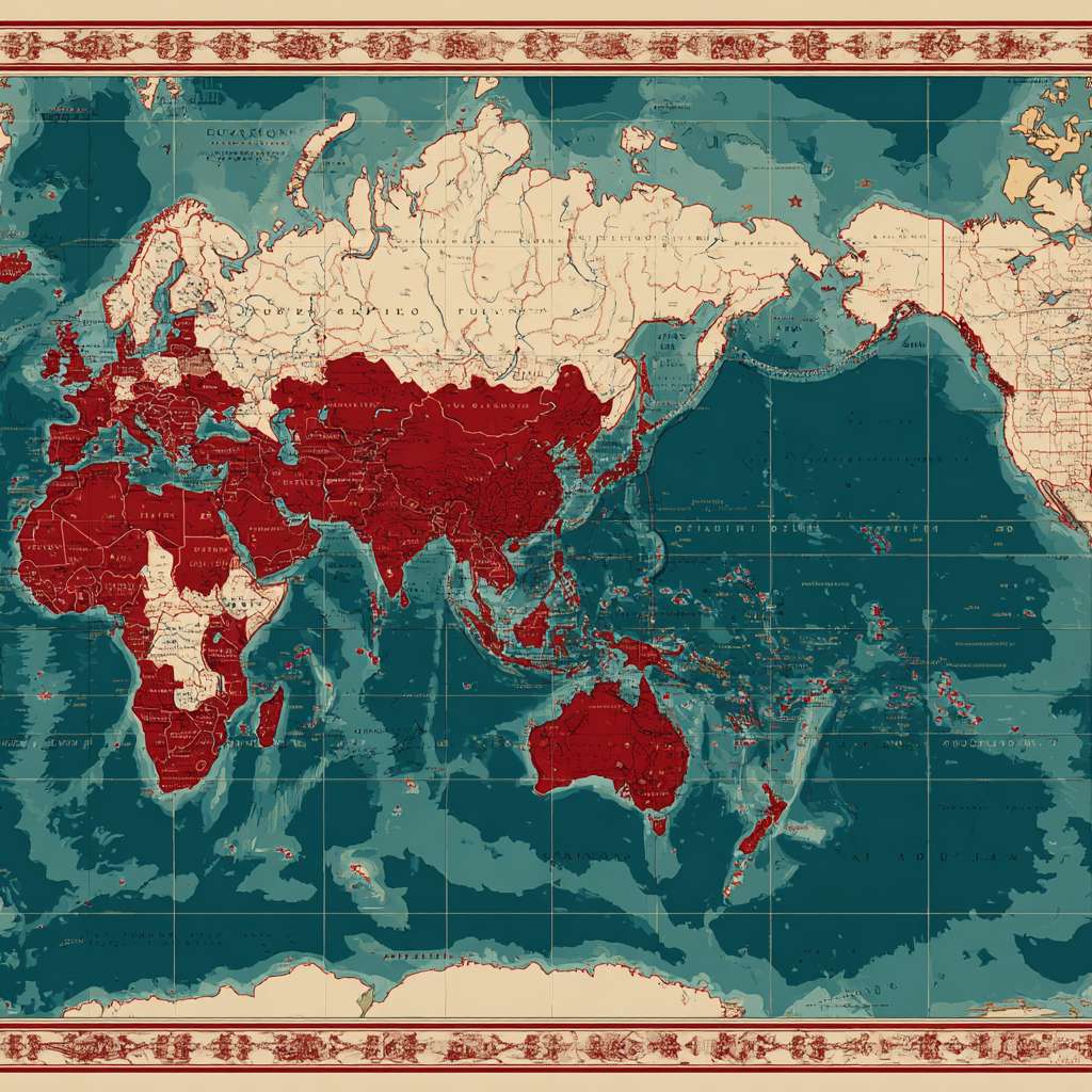 一幅专业地缘政治地图，维多利亚时期地图集风格，1948年。新明帝国领土用深红色标出：包括马来半岛、苏门答腊、爪哇、婆罗洲、苏拉威西及整个印度尼西亚群岛、澳大利亚、新西兰。其托管领土用浅红色标出：包括巴布亚新几内亚、所罗门群岛、瓦努阿图、斐济、萨摩亚。马六甲海峡和巽他海峡被突出显示。边界清晰，与蓝色海洋形成鲜明对比。（尽量不出现其他国家，浅色显示除此之外的地区） --ar 1:1 --v 7 --stylize 100 --fast --no 水印