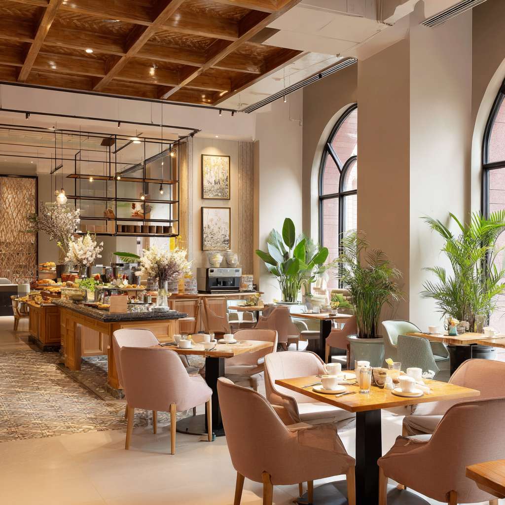 帮我做五张真实亚朵酒店餐厅早餐宣传实拍照片 --ar 1:1 --v 7 --stylize 100 --fast --no 水印