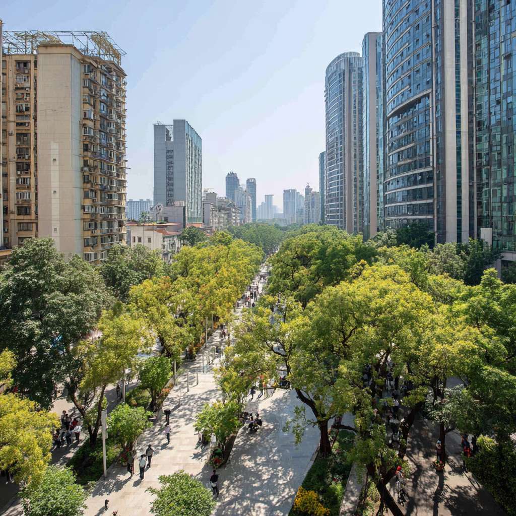 画面是充满生机的城市绿化景观：郁郁葱葱的行道树、小区内的绿荫、市民在树下休憩。 --ar 1:1 --v 7 --stylize 100 --fast --no 水印