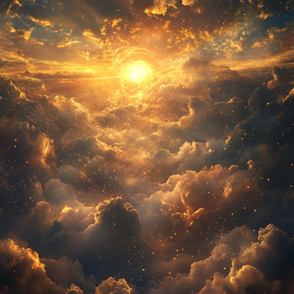梦境中的巨大旭日在漫天霞光中缓缓升起，流动的霞光如丝绸般环绕太阳，五彩微粒在空气中轻柔浮动，柔和的光晕在云层间折射出神秘光斑，固定镜头 --ar 1:1 --v 6.1 --stylize 100 --fast