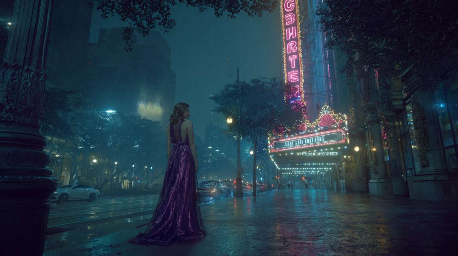 现代3D动画风格，在洛杉矶街道上的灯柱上，当时那里正下着毛毛雨。霓虹灯照在潮湿的柏油路上，一个金发女人穿着华丽的紫色长裙站在前方不远处正对着镜头 --ar 16:9 --v 7 --stylize 100 --fast --no 水印