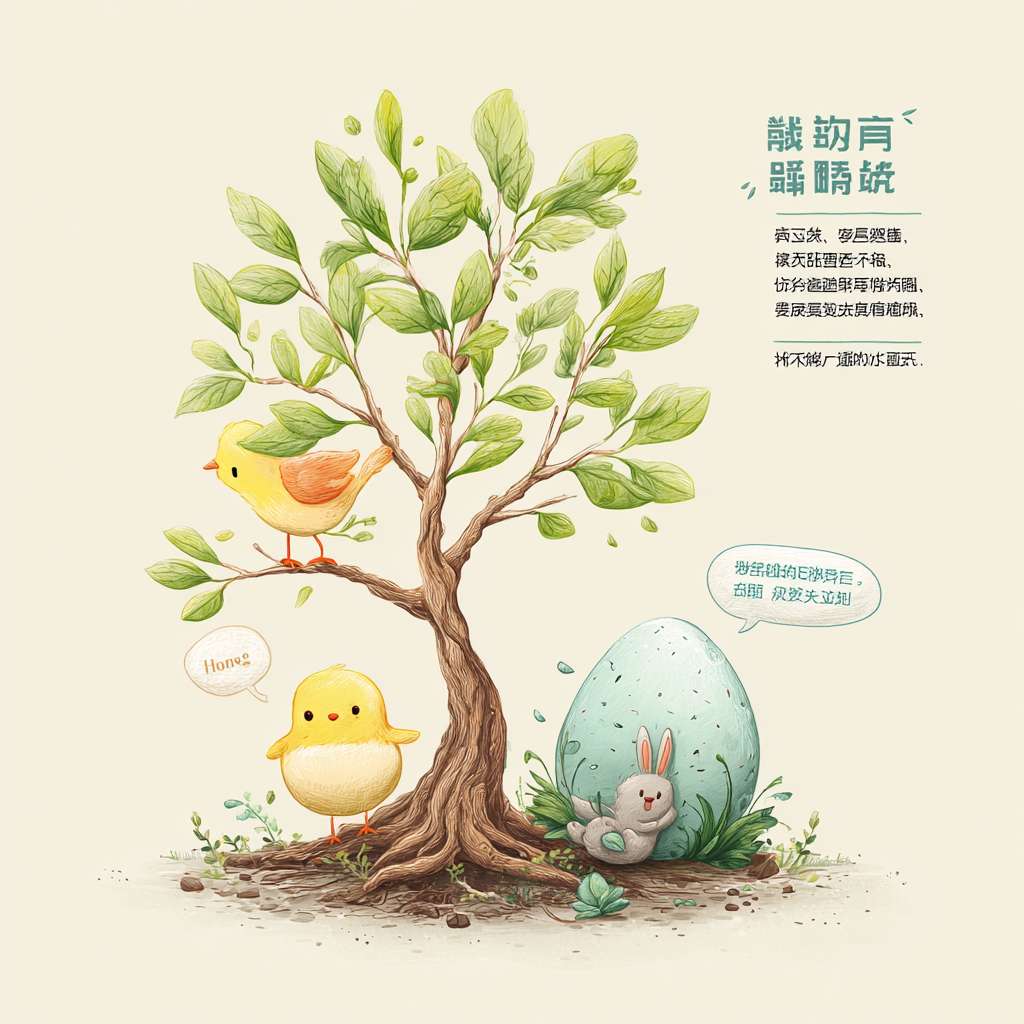 圆圈左侧:植物与动物的自然生长
主体:一棵矮胖的卡通大树,树干是棕色曲线,树枝向左右轻轻舒展,树叶是嫩绿色的小椭圆形(每片叶子都画个小笑脸);树根部分不埋在土里,而是画成 “缠绕着小水滴” 的样子(水滴是蓝色半圆,带小波纹),代表 “道滋养自然”。
互动元素:树的枝桠上站着一只圆滚滚的小鸟(黄色身体,翅膀是浅橙色小三角,嘴里叼着一颗小果子),树下趴着一只浅灰色小兔子(耳朵耷拉着,爪子抱着一片树叶),两者都朝着太阳的方向看,体现 “动物顺应植物生长、自然规律”。
标注气泡:给大树配个白色小气泡,里面写 “自然生长,不催不赶”。简笔画 --ar 1:1 --v 7 --stylize 100 --fast --no 水印