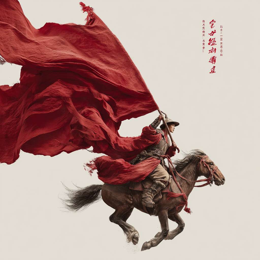 Q版，赵云骑在马上，高举超大的旗帜，旗子上写着吉星高照，旗帜迎风招展，背景单一白色，马披红挂彩，行走中， --ar 1:1 --v 7 --stylize 100 --fast --no 水印