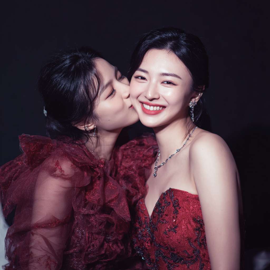 帮我生成一条图片：旁边的刘亦菲上前拥抱亲吻其脸庞 --ar 1:1 --v 7 --stylize 100 --fast --no 水印