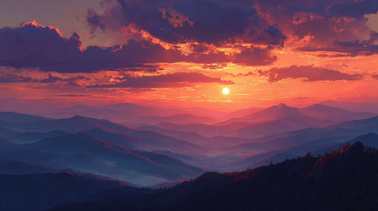 AI画面关键词：
cinematic wide shot of a majestic sun setting over endless rolling mountains, clouds sea glowing with orange and red light, Chinese landscape painting style, ethereal, peaceful, holographic light effect, 8k --ar 16:9 --v 7 --stylize 100 --fast --no 水印