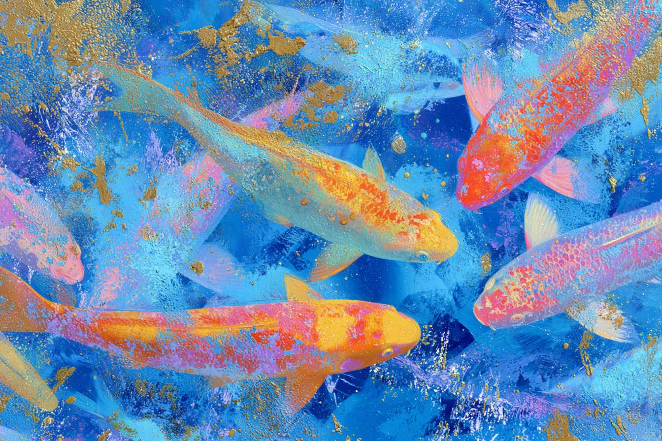 Vibrant underwater fantasy: blue water, 五彩光影，and energetic koi, 粗笔触 for texture, 细笔触 for movement, abstract. --ar 3:2 --v 7 --stylize 100 --fast --no 水印