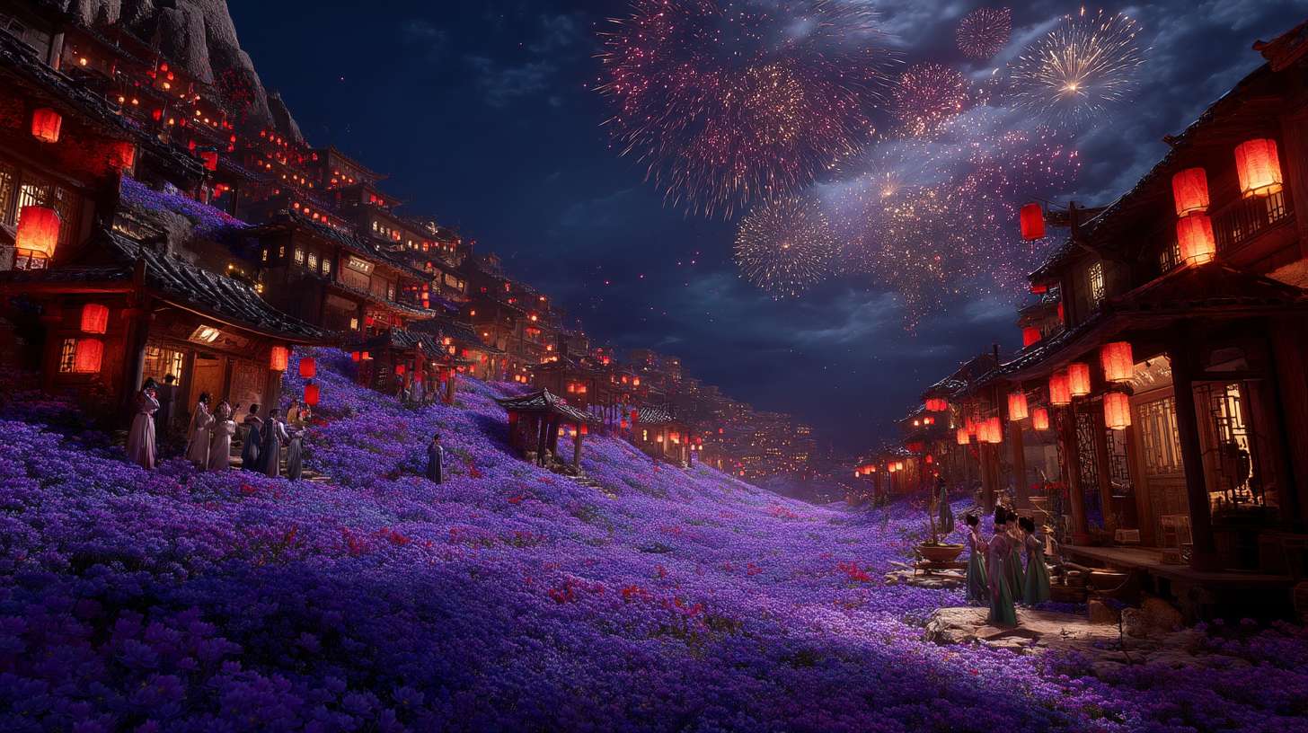 Unreal Engine 5 rendering, in this awe-inspiring scene of the ancient Luoyang Flower Festival, the composition centers on a vast sea of blooming peonies, surrounded by ancient-style pavilions, buildings, and winding corridors adorned with countless red lanterns, while the night sky is continuously lit up by colorful fireworks, the foreground features a celebrating crowd dressed in elegant Hanfu singing and dancing, the middle ground includes traditional Chinese architecture such as eaves-cornered pavilions, and the background blends deep blue starry skies with brilliant fireworks, in terms of color, vibrant reds, golds, and greens dominate, symbolizing luck and wealth, with the pink and white of the flowers sharply contrasting with the warm yellow of the lanterns, and the multicolored lights of the fireworks adding dynamic color variations, the lighting effects are exquisitely detailed, the soft glow from the lanterns casts warm shadows on people's faces and the ground, while the explosive flashes of fireworks create dazzling halos, contrasting with the cool moonlight to enhance the image's depth and dynamism, the entire scene is bustling and lively, with lanterns swaying gloriously, fireworks sparkling brilliantly, and the crowd cheering incessantly, as if transporting the viewer into a dreamlike ancient prosperous era filled with the charm of Chinese elements. --ar 16:9 --v 7 --c 20 --quality 4 --stylize 100 --fast