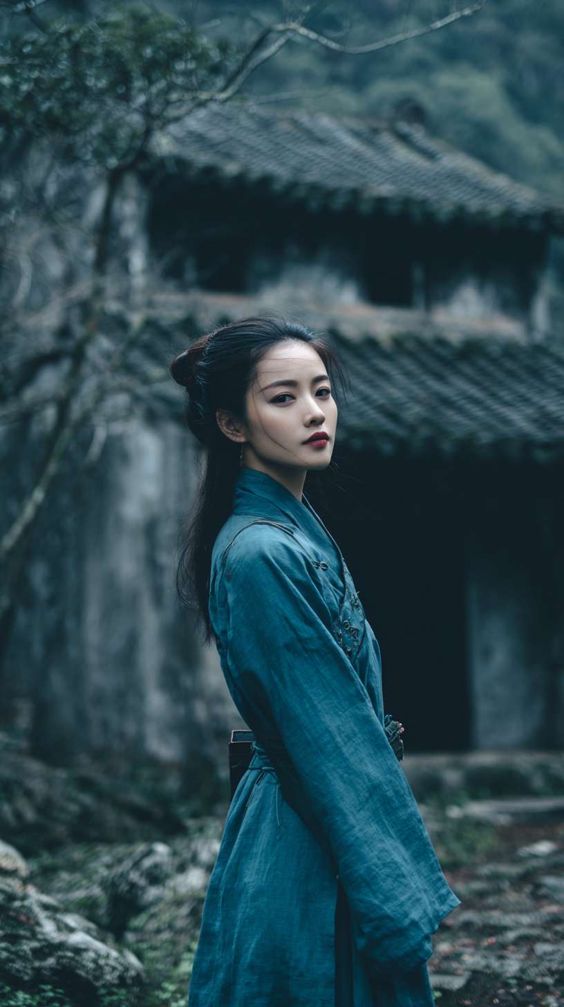 在深山里面，月光照亮着地面，一个身着靛蓝色书生服的英俊男子，背着书箱，外面下着雨比较阴暗，前面有点远的地方是一座破败的寺庙矗立在荒山野岭中，背面远景镜头，写诗一些的风格 --ar 9:16 --v 7 --stylize 100 --fast --no 水印
