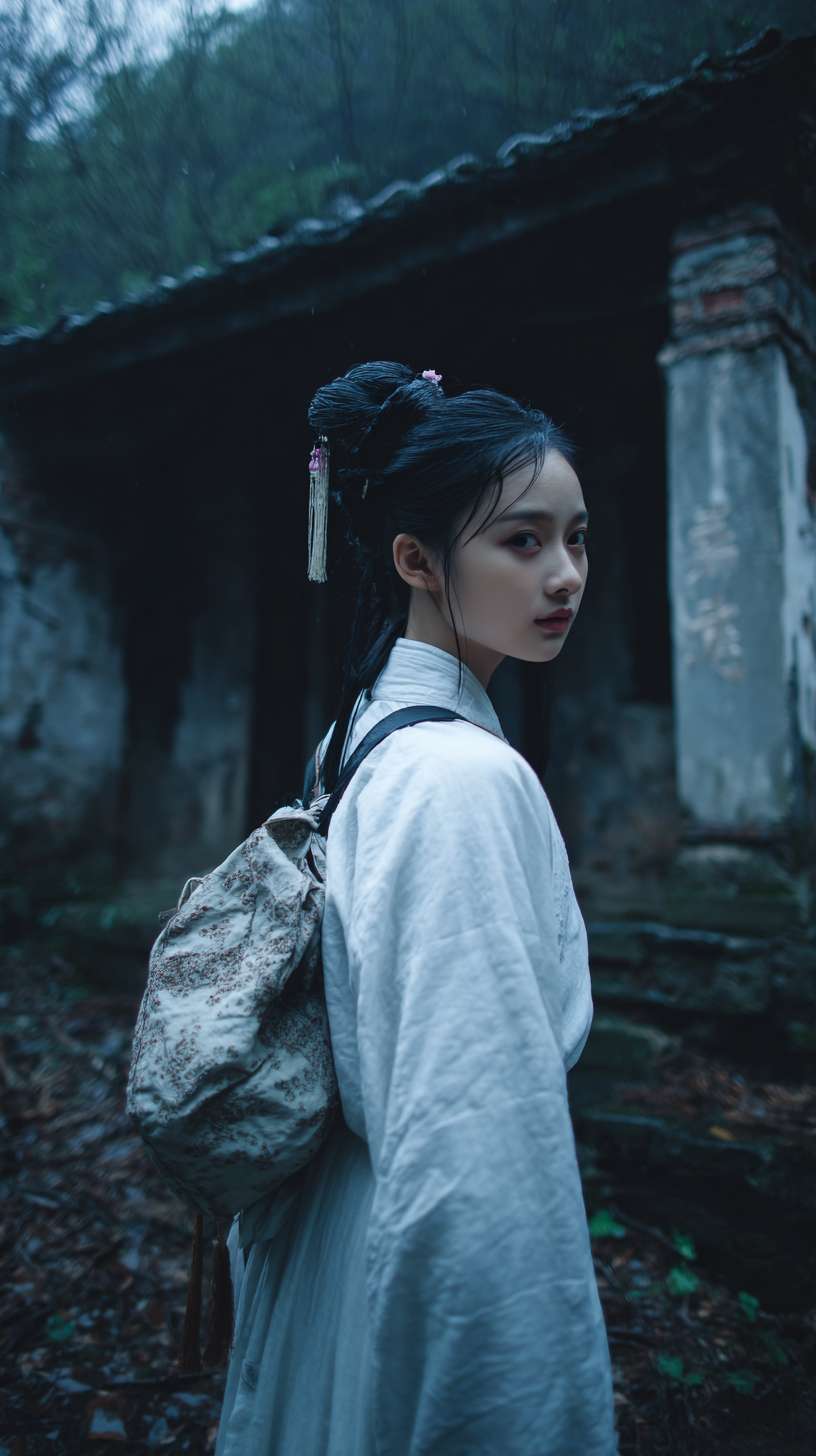 在深山里面，月光照亮着地面，一个身着白色书生服，背着书箱，簪子盘着头发，外面下着雨比较阴暗，前面有点远的地方是一座破败的寺庙，书生背面，背向镜头，远景镜头，写实一些的风格 --ar 9:16 --v 7 --stylize 100 --fast --no 水印