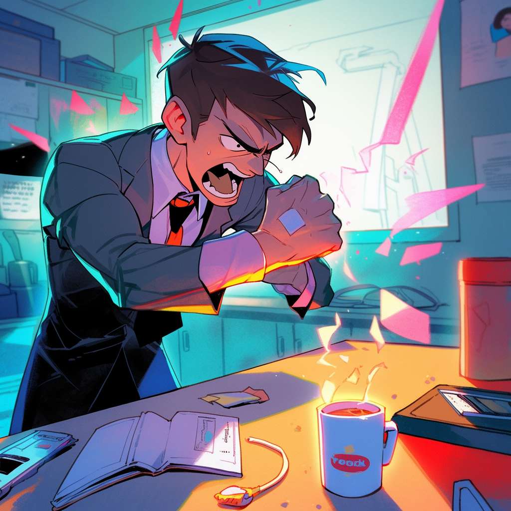 An angry office worker in a gray suit, fists clenched, steam coming out of nostrils, staring at a broken coffee cup on a messy desk, neon lights flickering in the background, dramatic lighting, --ar 1:1 --style cute --stylize 600 --fast --niji 5
