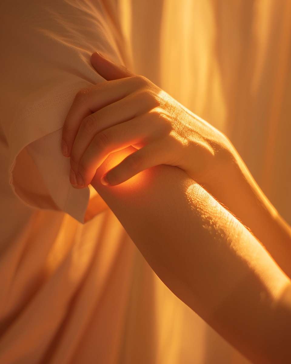 Close-up of Asian hand patting inner elbow crease, red pressure point glow, soft golden light, minimalist medical illustration style, no text --ar 4:5 --v 6 --stylize 100 --fast