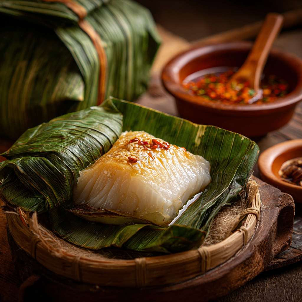 芭蕉叶烤鱼，打开热气腾腾的芭蕉叶，看见一条包裹着作料的鱼冒着热气，滋啦滋啦的声音下，看到若隐若现的雪白的鱼肉，看上去就非常有食欲，旁边还摆放着版纳特制口味的蘸料，隔着屏幕都溢出了鱼肉鲜甜 --ar 1:1 --v 7 --stylize 100 --fast --no 水印