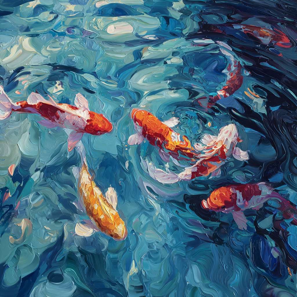 Dreamlike blue water with rippling color and gliding koi, expressive brushwork capturing fluid beauty, oil. --ar 1:1 --v 7 --stylize 100 --fast