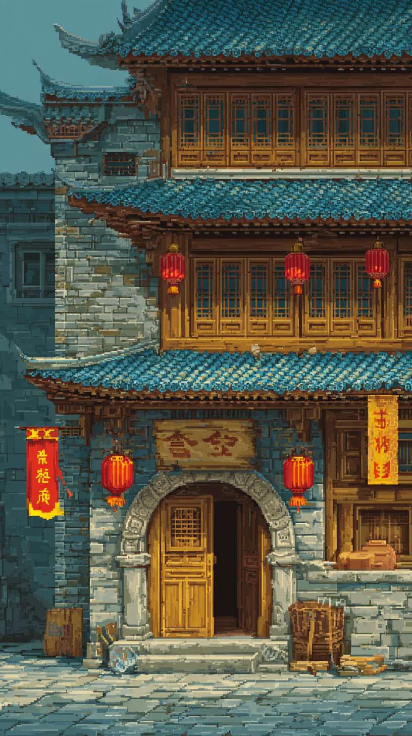 客栈
构图：竖版近景，主体为两层木质客栈（临街门面），右侧屋檐延伸至画面外核心元素：- 客栈：斗拱结构（细墨线条）、木质门板（淡墨纹理）- 装饰：红色灯笼（3-4 个，挂于屋檐下）、酒旗（“XX 客栈” 毛笔字）- 地面：青石板路（淡墨横线条）
主色调：黄褐色（R160-180, G140-160, B110-130）辅助色：- 灯笼：朱红色（R180-200, G60-80, B60-80，饱和度≤60%）- 酒旗：米黄色（R190-200, G170-180, B140-150）统一适配：黄褐色明度与新手村灰蓝色保持一致，避免过暖刺眼
1. 客栈木质纹理笔触与武馆木人桩纹理一致2. 灯笼轮廓线条粗细与兵器架兵器线条一致3. 屋檐斗拱结构比例与新手村茅屋屋檐比例统一 --ar 9:16 --v 7 --stylize 100 --fast --no 水印