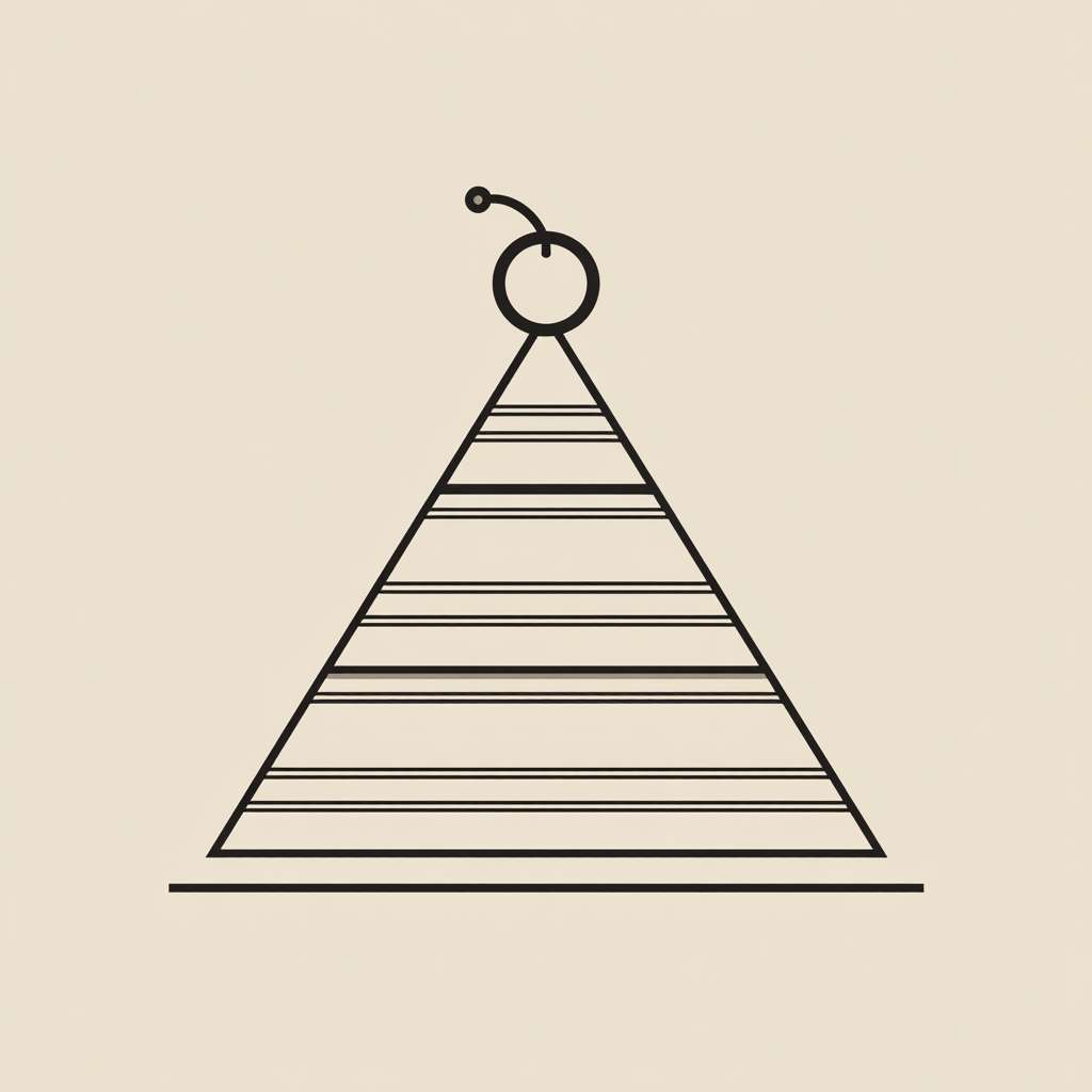 A minimalist logo, a tall thin-line triangle with two horizontal lines inside representing cake layers. A single dot on top for a cherry. Elegant, line art, single color. --ar 1:1 --v 7 --stylize 100 --fast