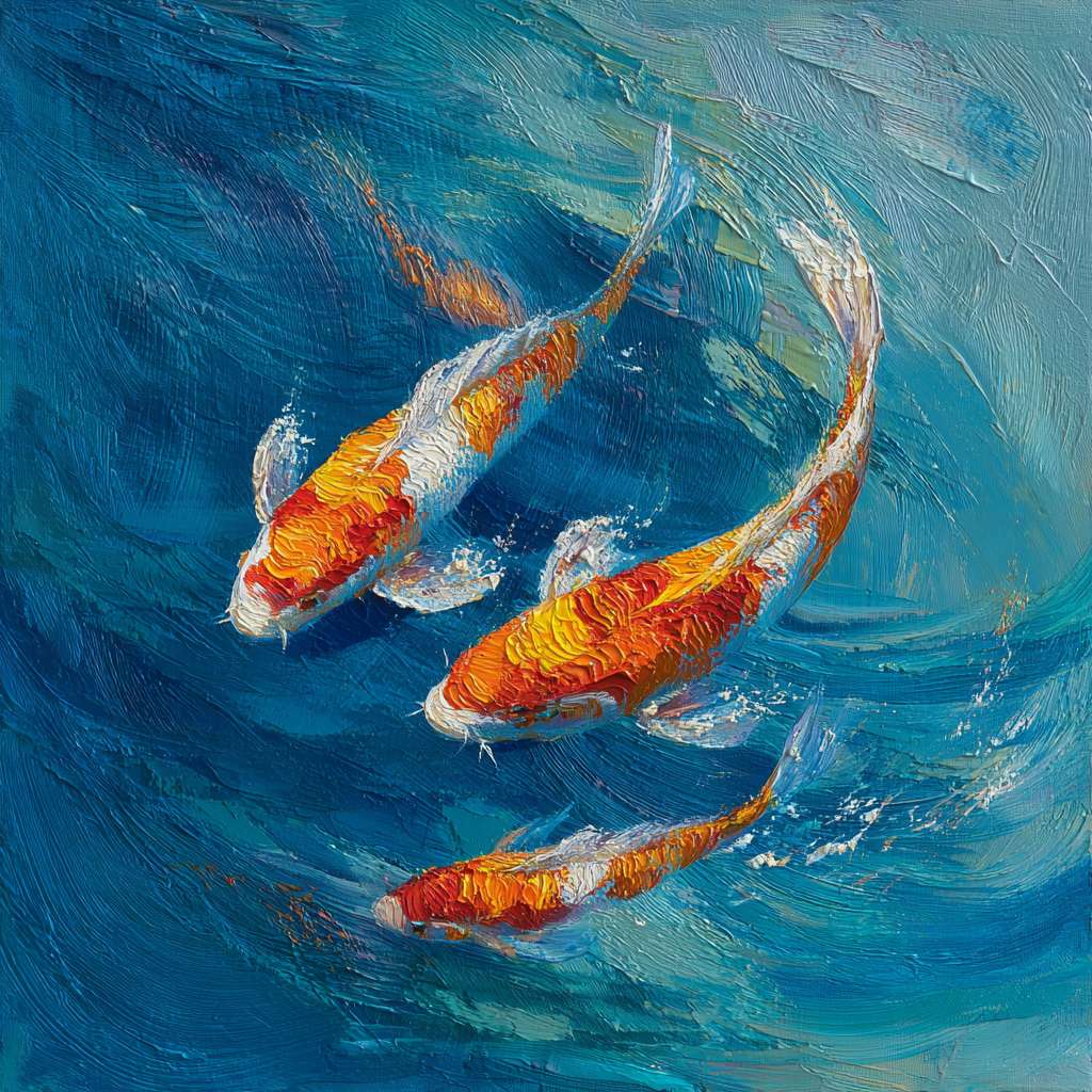 Surreal koi swimming in blue water with light splashes, thick brushwork for waves, thin strokes for iridescence, oil. --ar 1:1 --v 7 --stylize 100 --fast