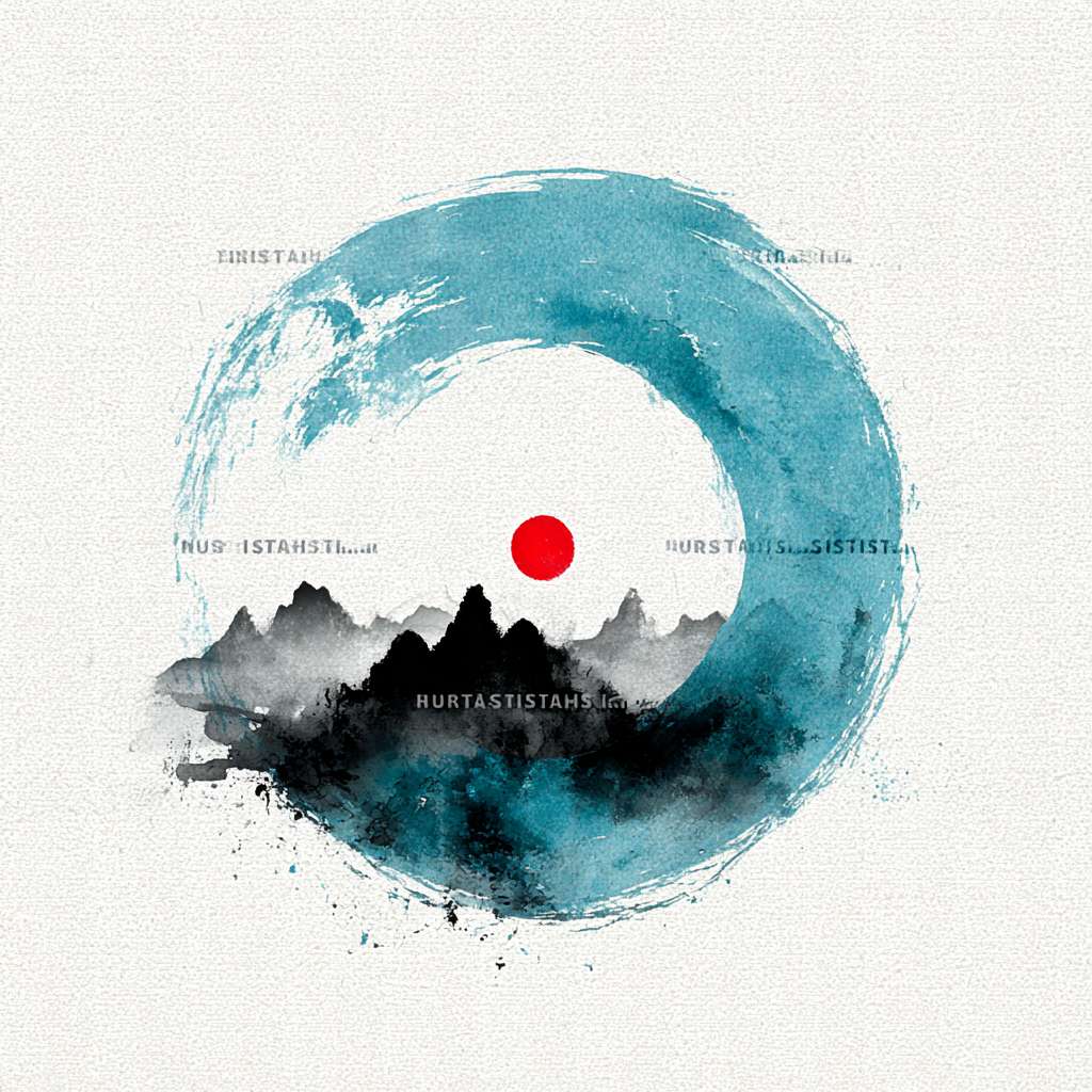 "Circular logo, a minimalist ink-wash Tai Chi symbol in cyan and black, surrounded by faint mountain silhouettes, red dot in Tai Chi center, white background, Chinese Zen style, clean and serene, no text, high resolution, vector style" --ar 1:1 --v 7 --stylize 100 --fast