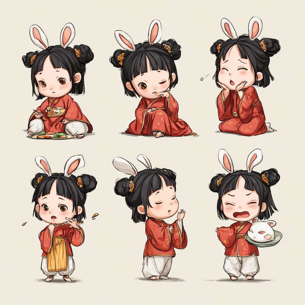 穿着汉服的小女孩，两只兔子耳朵，古典精致，全身图，9种姿势和表情，打招呼，谢谢，睡觉，离开，抱抱，可爱，伤心，大笑，失望，害羞，困倦，吃饭，头晕，表达爱意等，卡通动漫风格，各生成一张图片 --ar 1:1 --v 7 --stylize 100 --fast --no 水印