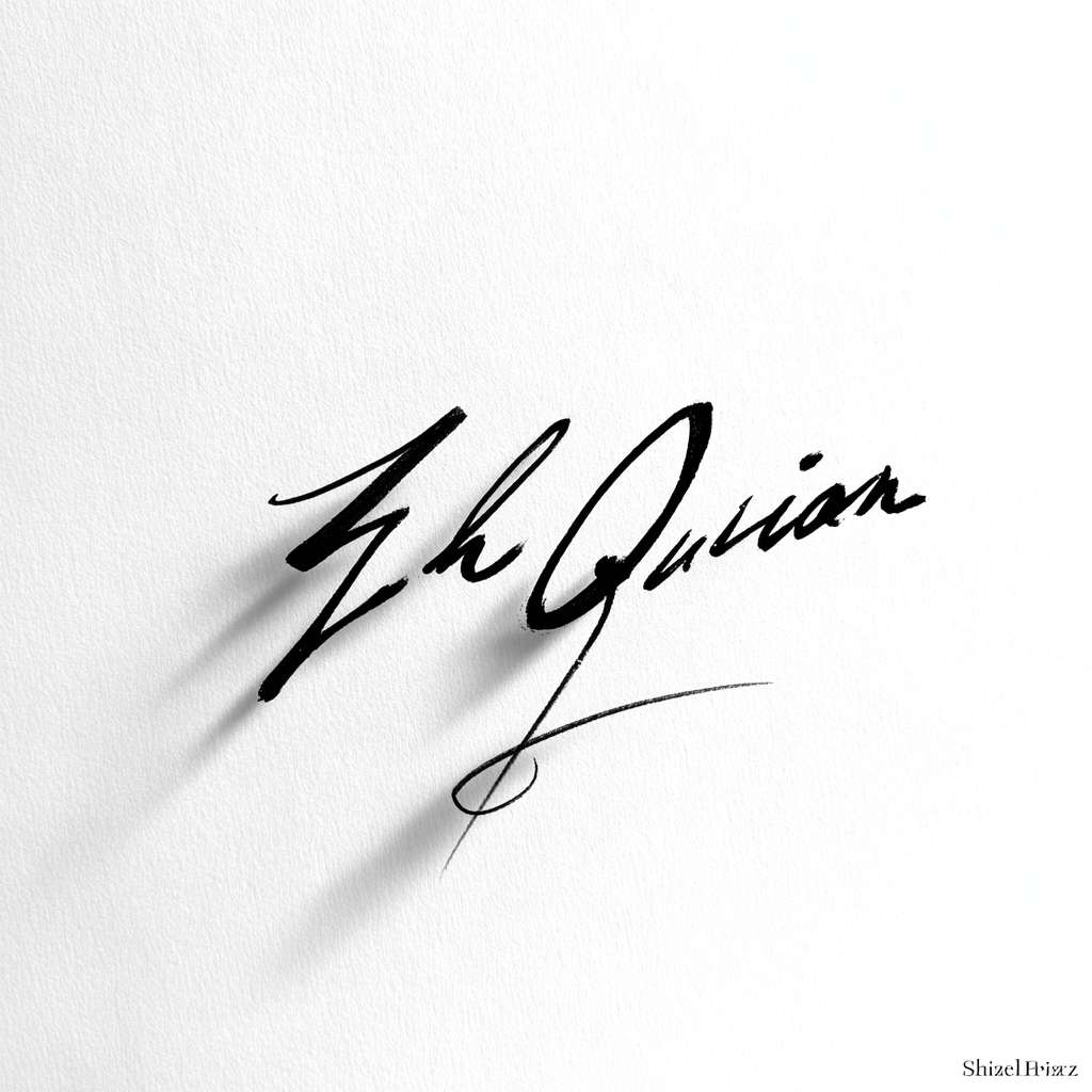 minimalist professional signature for "Zhu Qihan". Clean, flowing black ink strokes, connected cursive script. The signature slopes slightly to the right, exuding a sense of efficiency and confidence. White background, studio lighting, photorealistic style. --ar 1:1 --v 7 --stylize 100 --fast