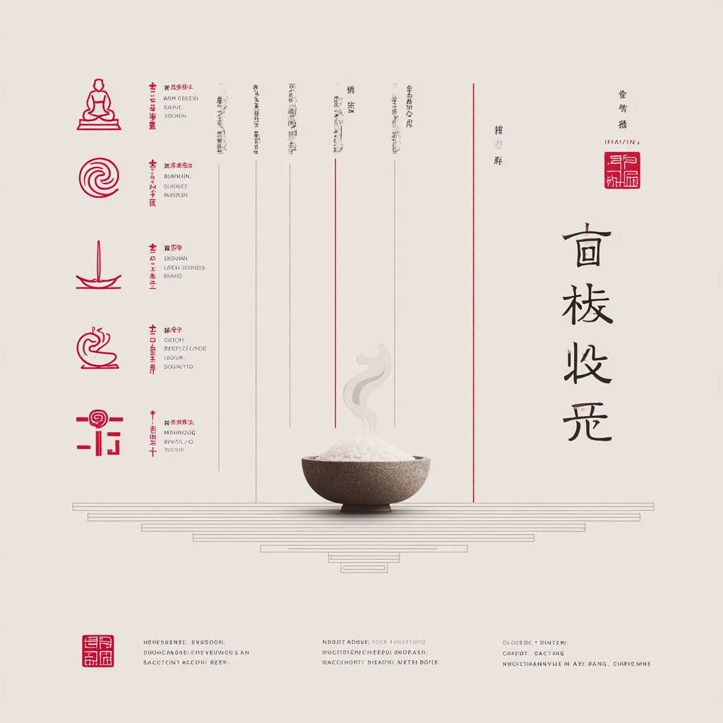 "White background, left side: vertical red icons (Tai Chi symbol, meditation stick figure, rice bowl), right side: Chinese text '正念 | 八段锦 | 食疗 | 国学' in modern font, light gray geometric lines at bottom, minimalist Chinese style, 1200x600 pixels" --ar 1:1 --v 7 --stylize 100 --fast --no 水印