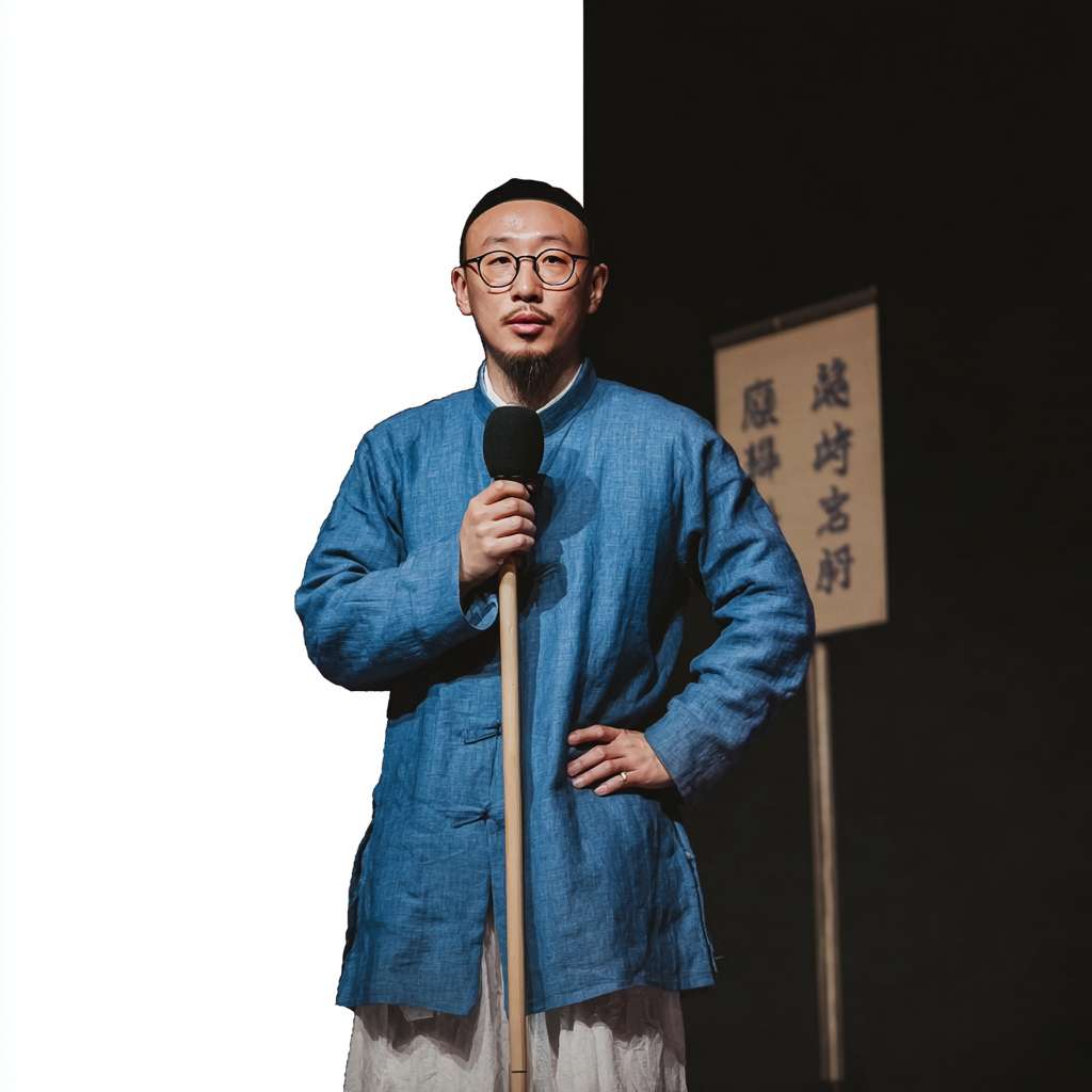 https://img-xpc-mj0.xpccdn.com/prod/upload/6e1f9e4c-dae4-43de-88af-7c5f3e5746cf/nyAgSfchlC.png~tplv-5yakomv5zn-auto-v1%3A1024%3A0%3Aq75.jpg 站在舞台上，左手拿着麦克风 --ar 1:1 --v 7 --stylize 100 --fast --iw 1 --no 水印
