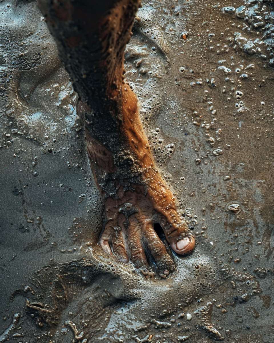 Extreme close-up of foot sinking into wet sand showing detailed texture, no text, forensic photography realism --ar 4:5 --v 6 --stylize 100 --fast