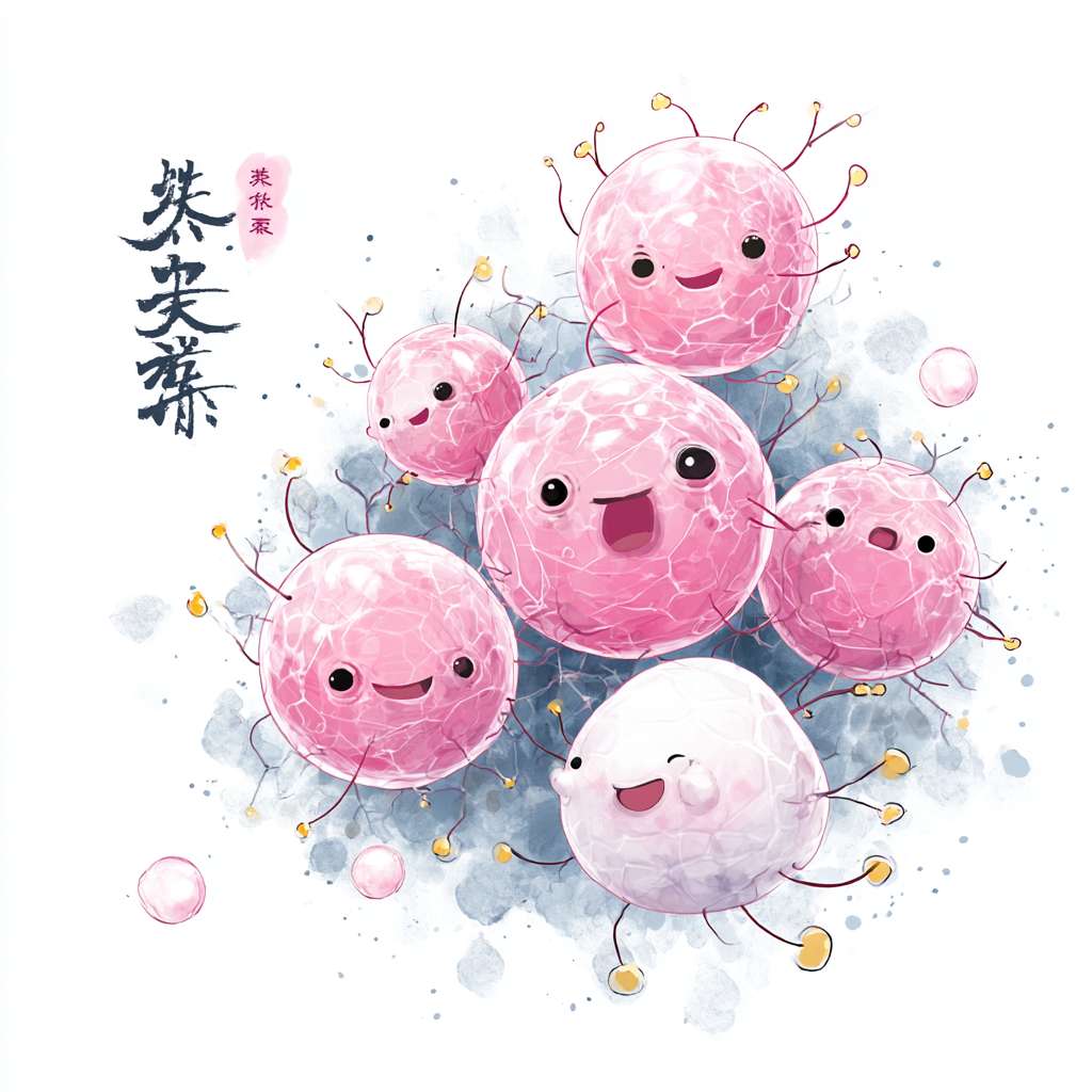 简笔画：周围有 5 个迷你干细胞，分化箭头又粗又亮，功能细胞们都睁着圆眼睛笑，下方配字：“年轻力壮：数量多，超能干！ --ar 1:1 --v 7 --stylize 100 --fast --no 水印