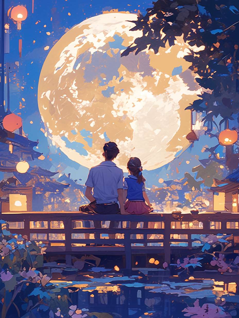 On the night of the Mid-Autumn Festival, a family sits in the yard and looks up at the sky. One of them holds a mooncake in his hand. There is a huge moon in the sky. The moon is drawn with complex linear colored lines. The illustration is drawn with flat-style colored lines. It is an imaginative illustration. 64K, --ar 3:4 --stylize 1000 --fast --niji 6