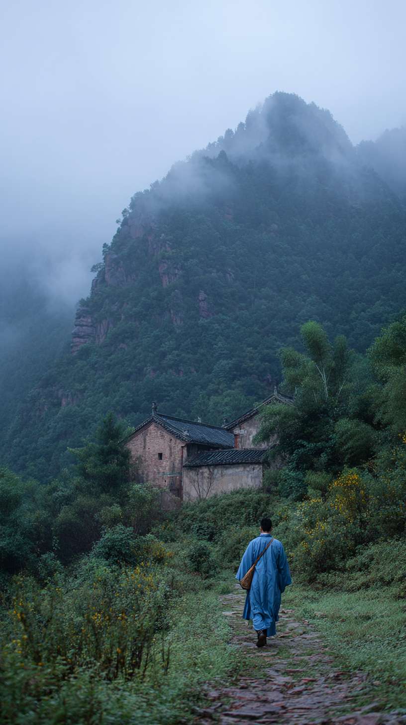 全景，页面比较昏暗，在晚上的深山里面，月光照亮着地面，一个身着靛蓝色书生服男子，背着书箱，外面下着雨比较阴暗，前面有点远的地方是一座破败的寺庙矗立在荒山野岭中，背面远景镜头 --ar 9:16 --v 7 --stylize 100 --fast --no 水印