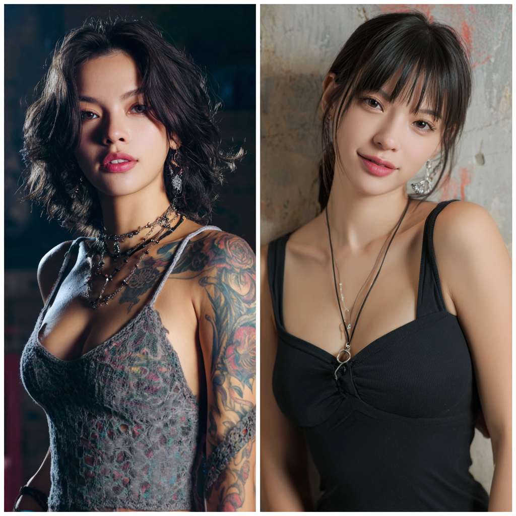 一个纹身帅哥，与一个清纯美女暧昧 --ar 1:1 --v 7 --stylize 100 --fast --no 水印