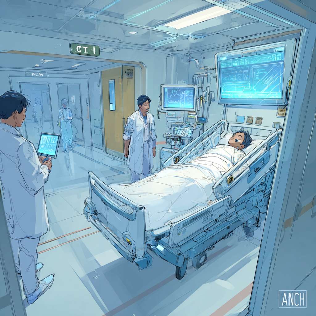 现代医院ICU走廊场景，科技感，浅蓝色调，整洁明亮。一名重症患者躺在智能移动床上，床体配备激光雷达和传感器，正在自动导航。床位配有平板显示频显示患者生命体征和路径规划图，一名护士手持平板电脑远程监控。移动床正在避开一名路过的医生。背景有电梯和指示牌，显示“CT室”。风格写实，细节精致，光线柔和，有医疗科技感。 --ar 1:1 --v 7 --stylize 100 --fast --no 水印