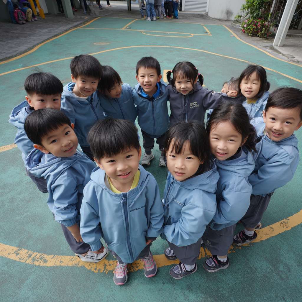 一班小六穿校服的學生們在校園裡圍成一個半圓形，以熊貓為主題，學生們一起將瀕危動物圖案玩集體遊戲 --ar 1:1 --v 7 --stylize 100 --fast --no 水印