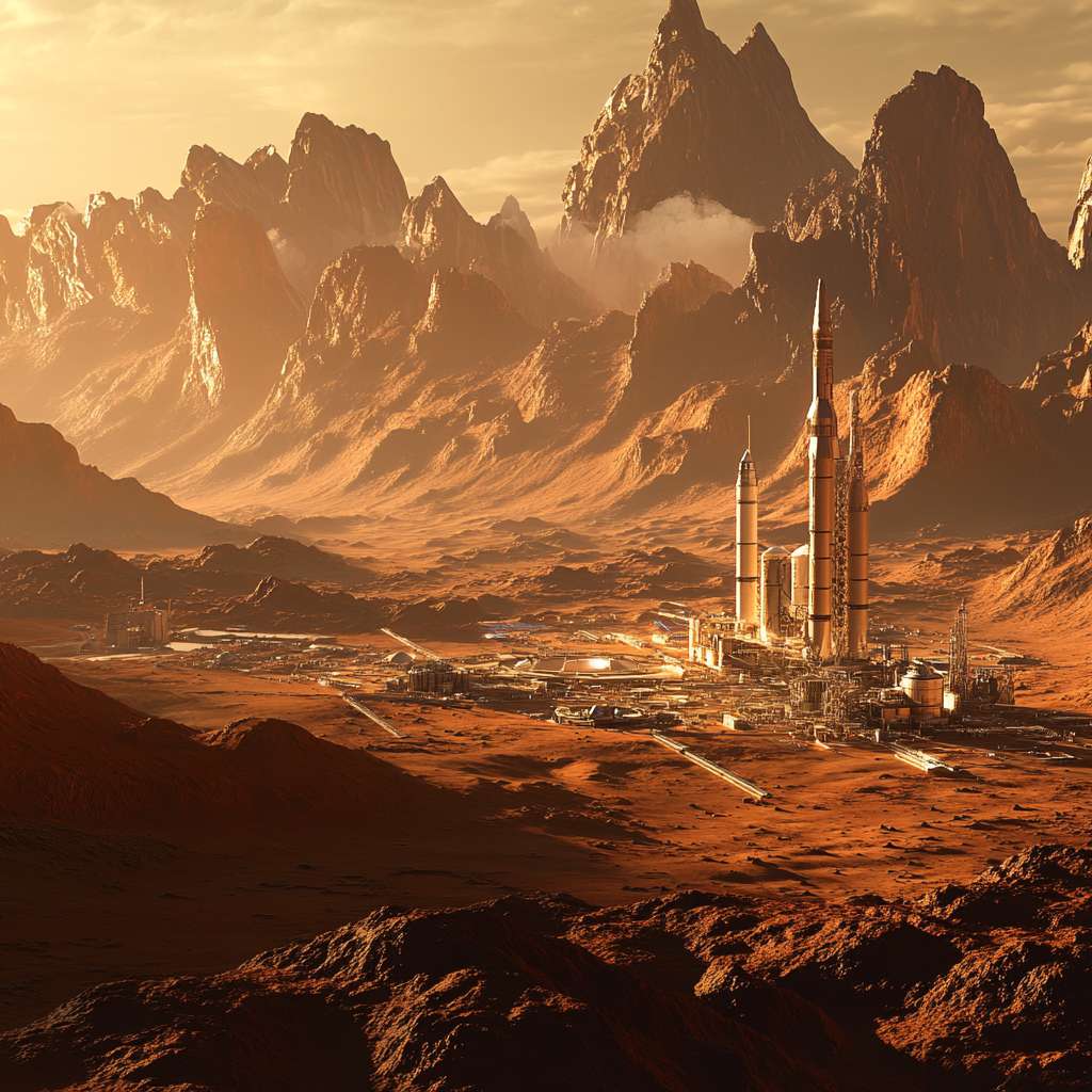 火星场景，包含：火星基地，火箭，建筑，人类聚居，着陆器 --ar 1:1 --v 6.1 --stylize 100 --fast