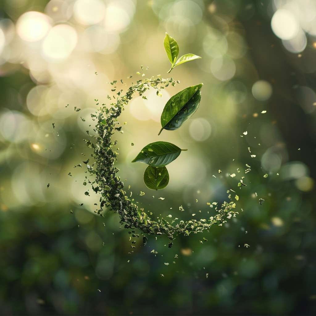 Floating tea leaves in mid-air forming yin-yang symbol, 
selective focus with bokeh light spots, 
no text, surreal photography --ar 1:1 --v 6 --stylize 100 --fast
