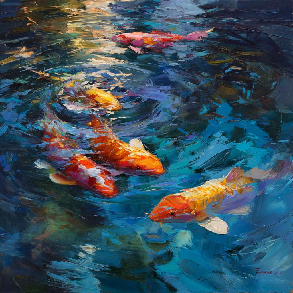 Dreamlike underwater world in deep blues, iridescent light ripples and colorful koi fish in dynamic motion; expressive brushstrokes—thick and thin—capture water’s flow and fish’s agility, abstract oil with lively energy. --ar 1:1 --v 7 --stylize 100 --fast