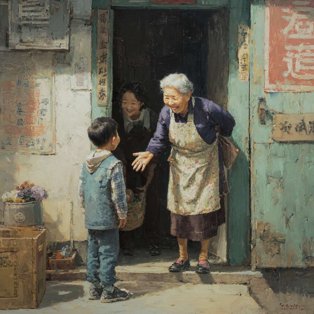 奶奶系着围裙从屋里走出，面带笑容，迎接孩子 --ar 1:1 --v 7 --stylize 100 --fast --no 水印