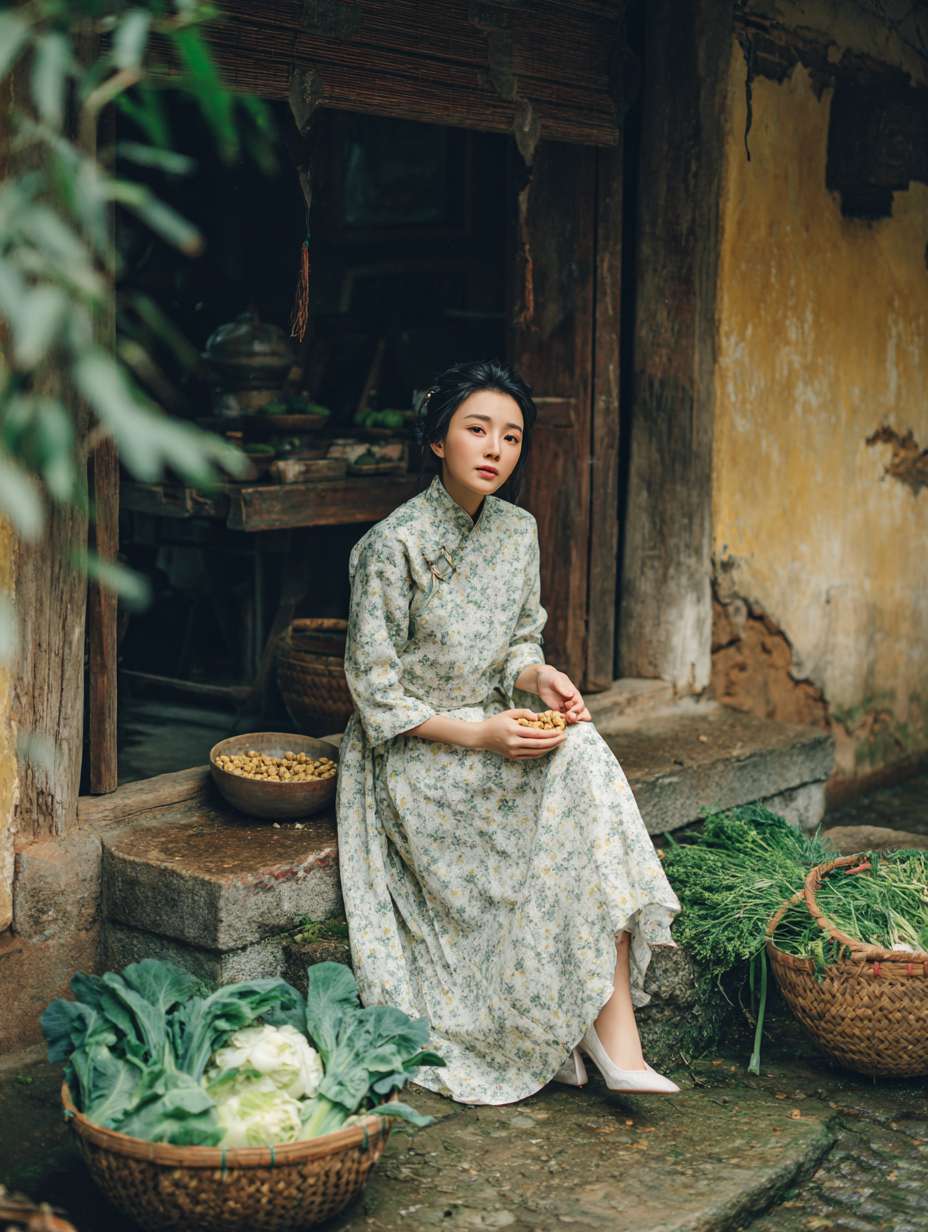 一位身着轻薄连衣高叉裙并有细微大花纹、肉色轻薄丝袜和白色高跟鞋的 35 岁 女性坐在水泥墩子，手里剥花生 ，地上是刚摘来的竹篮子和蔬菜，皖南农家小院场景，朴素生活风格，中景镜头，柔和色调、时尚生活氛围，构图合理，真人全身照，高清分辨率，场面全景远景，能看到人物和院子里面全景 --ar 3:4 --v 7 --stylize 100 --fast --no 水印