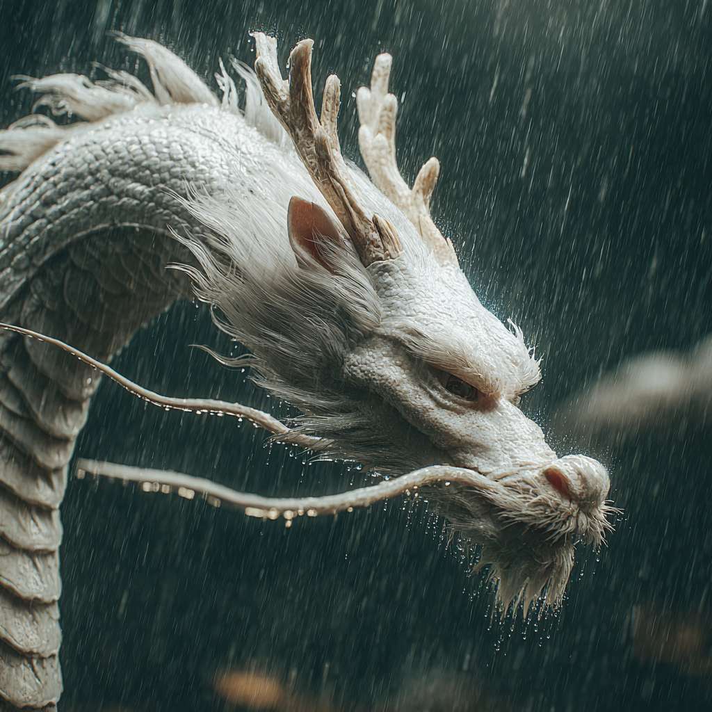 超写实 4K ，一只细节丰富的白龙在暴雨中穿行，每一片鳞片都反射着周围的光线与雨水。水珠附着在龙角与翅膀上，龙翼有力扇动，驱散雨滴与云雾。特写镜头展现龙的皮肤纹理与肌肉运动，中景镜头呈现龙在云层间穿梭的完整身姿。真实的雨水物理效果，空中可见雨滴飞溅与涟漪，光线完全遵循闪电与阴天的自然规律。 --ar 1:1 --v 7 --stylize 100 --fast --no 水印