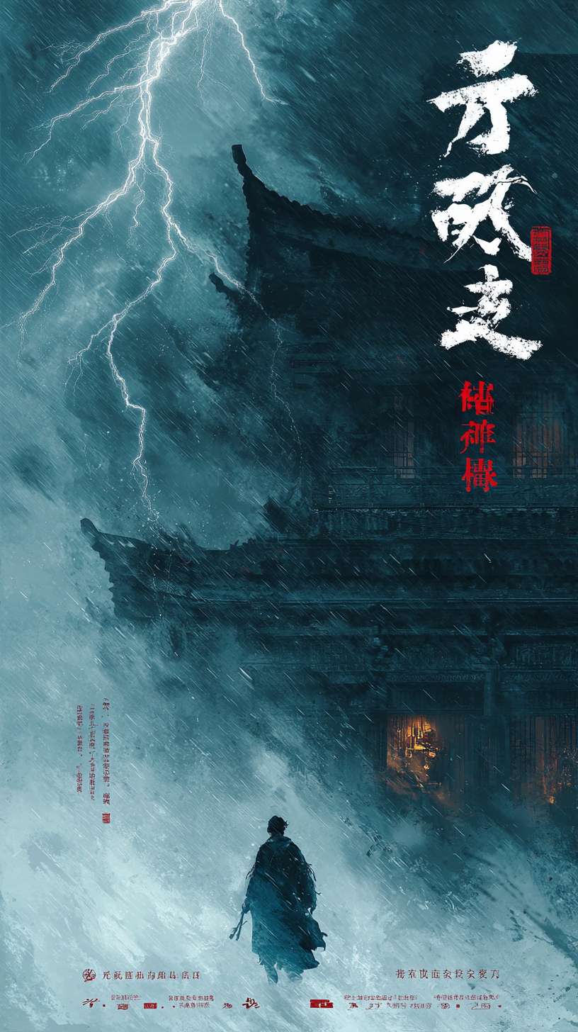电影感，全景镜头，暴雨夜，破败的古代寺庙“兰若寺”，闪电划过夜空，气氛阴森恐怖，靛蓝色书生的背影正在奔跑，水墨画风格，高对比度，4K，超详细。 --ar 9:16 --v 7 --stylize 100 --fast --no 水印