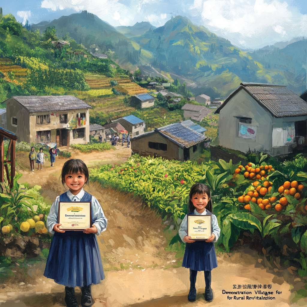 场景：小山村焕然一新。
角色：
农民站在自家新建的二层小楼前，脸上洋溢着幸福的笑容。
小女孩穿着整洁的校服，手里拿着奖状，站在农民身边。
远处可以看到一些游客在参观当地的特色农产品。
细节：
新建的小楼旁边有一个电商直播的场景，农民正在通过网络销售农产品。
山坡上果实累累，公路两旁有路灯。
村口有一块牌子，上面写着“乡村振兴示范村”。
色彩：明亮且鲜艳，突出富裕和幸福的氛围。 --ar 1:1 --v 6.1 --stylize 100 --fast