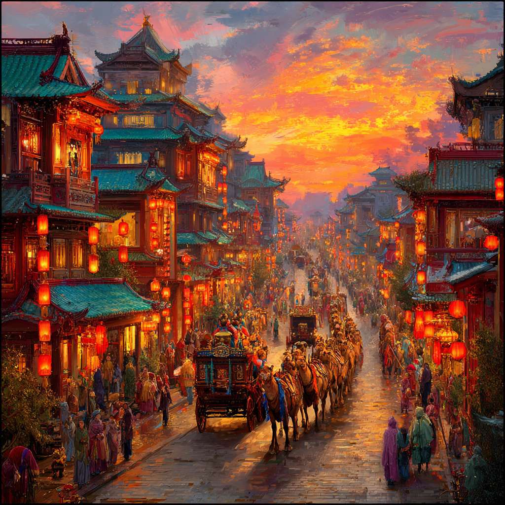 虚幻引擎5渲染,在这幅震撼人心的大唐盛世画卷中,构图以繁华的唐代长安城朱雀大街为核心视点,街道上车水马龙,熙熙攘攘的唐朝百姓与胡商穿梭往来,组成骆驼商队满载货物缓缓前行,两侧林立着朱红色木制建筑,飘扬的酒旗与商铺招牌交错生姿,屋檐下灯笼高挂,时值傍晚,天空渲染着暖金色的晚霞,与建筑的红墙碧瓦交相辉映,颜色以浓郁的金色与朱红色为主调,点缀着商队绸缎的翡翠绿与宝蓝色,灯笼透出暖黄光晕,整体色彩辉煌绚烂,光影效果极具层次,夕阳余晖为建筑披上金纱,灯笼光斑在青石板路上跃动,骆驼与行人投下细长剪影,商铺窗棂间透出温暖烛光,与暮色中的云霞融成一片流光溢彩,整条街道弥漫着人间烟火气,驼铃悠扬,人声鼎沸,完美再现万国来朝的盛唐气象。 --ar 1:1 --v 7 --stylize 100 --fast --no 水印