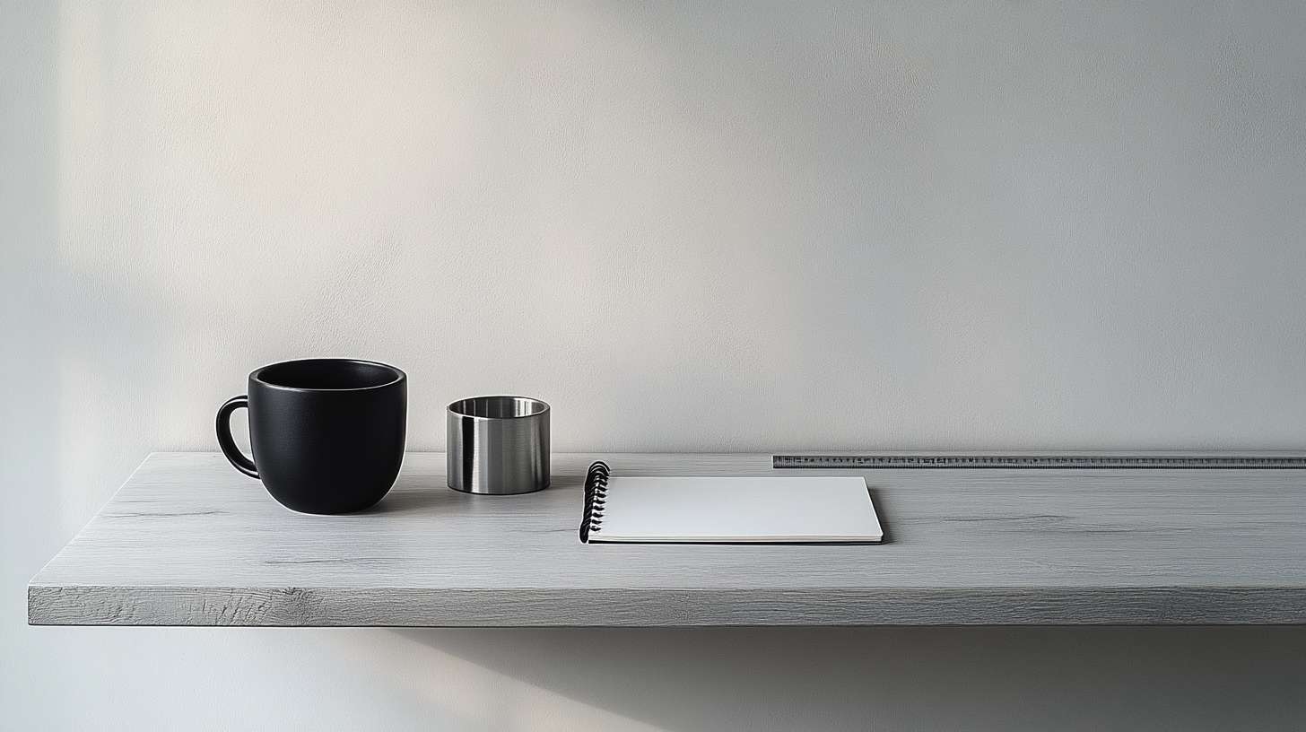 Minimal workspace flat lay, light grey wooden desk (80cm width) against matte white wall, arranged items: black ceramic cup at 10 o'clock position, stainless steel ruler parallel to desk edge, single A6 notebook opened to blank page, morning light from left creating soft gradient shadows, color palette: 20% warm grey + 5% cool grey, Fuji GFX 100S documentary style --ar 16:9 --v 6.1 --stylize 100 --fast --no decor