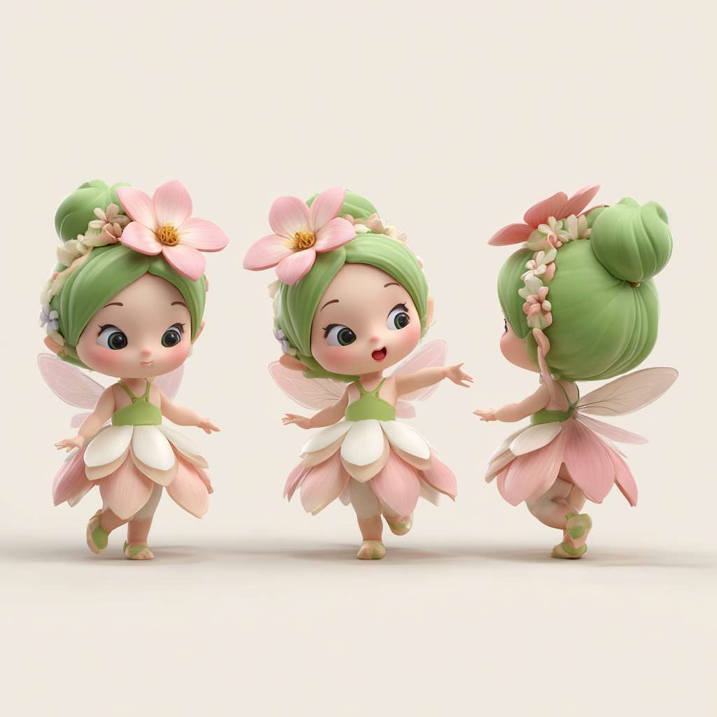 超级可爱的女孩IP，模型，盲盒玩具，他头上是花托，一个可爱的倒挂金钟花精灵正在飞起来，他穿着粉色的裙子，绿色的头发，还有翅膀，非常可爱，衣服的下摆是粉和白色的，32K UHD，生动的面部表情，三视图，生成三视图，即前视图、侧视图和后视图，保持一致性和统一性，白色背景，3d渲染，oc渲染，最佳质量。 --ar 1:1 --v 7 --stylize 100 --fast --no 水印